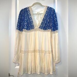 Free People Blue & Ivory embroidered details Mini Dress sz 2